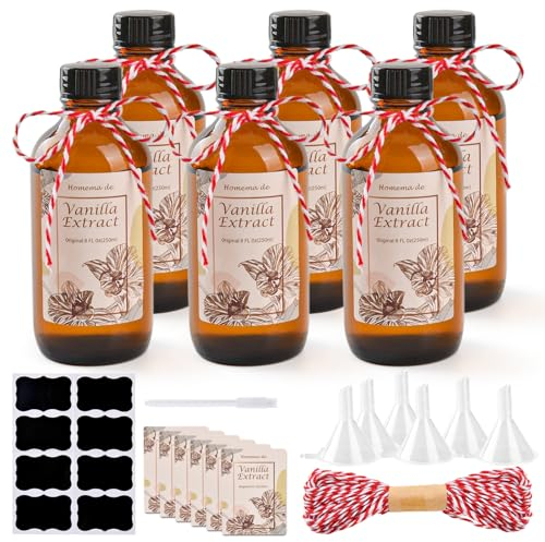 6 Pack 4 oz Amber Boston Glass Bottle, Vanilla Extract Bottles, Small Glass Jars Mini Brown Glass Bottles with Black Lids for Herbal Medicine, Essential Oils, Homemade Vanilla Extract and Christmas