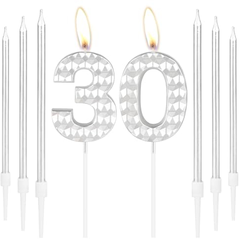 30th Birthday Decorations - Silver 30 Candles, Girls & Boys Party Decor, Happy Birthday Cake Topper
