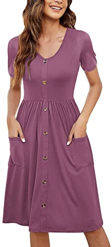 2024 Damen-Sommerkleid, kurzärmelig, knielang, knielang, mit Taschen, Hemdkleid für Übergröße, rose, S