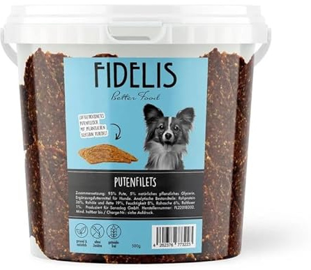 Fidelis – Putenfilets für Hunde im wiederverschließbarem 500gr-Eimer - Luftgetrocknete Hunde Leckerlis aus 100% natürlichen Rohstoffen