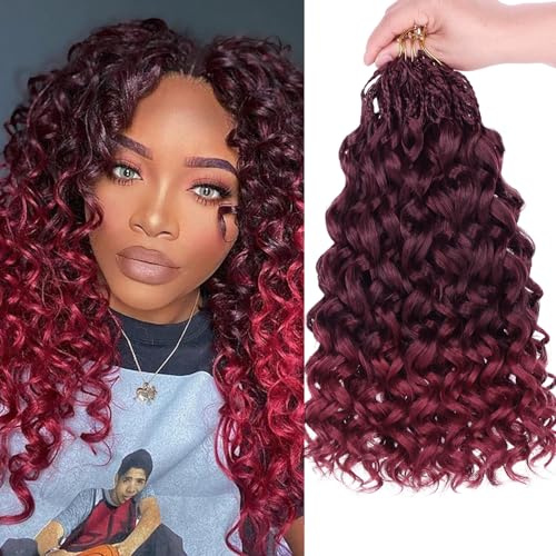 Mscat Curly Crochet Hair 14 Inch 8 Packs Burgundy Gogo Curl Crochet Hair Pre Looped Ocean Wave Crochet Hair Ombre Red Deep Twist Bohemian Box Braids Synthetic Water Wave Braiding Hair(8 Packs, TBUG#)