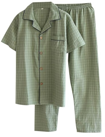Men's Checked Design Sleepwear 2 Sets,Short Sleeve Button Lapel Shirt Top+ Pyjama Trousers Bottom Suit,Nighties Nightwear Nightshirts Loungwear Nightgown Pjs Set with Pockets Green