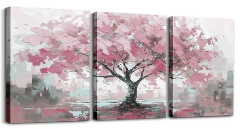 Loussiesd Baum des Lifs 3er Poster Set für Wohnzimmer Botanisches Bild Leinwandbilder Natürliches Thema Büro Wandbilder Rosa Grau Deko Bilder