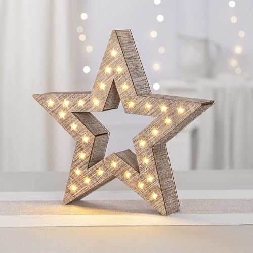 Ideen mit Herz LED-Holz-Stern | Weihnachts-Licht | Winter-Dekoration | Fenster-Beleuchtung | Vintage-Look | 30 warmweiße LEDs | 30 cm x 29,5 cm x 5,3 cm