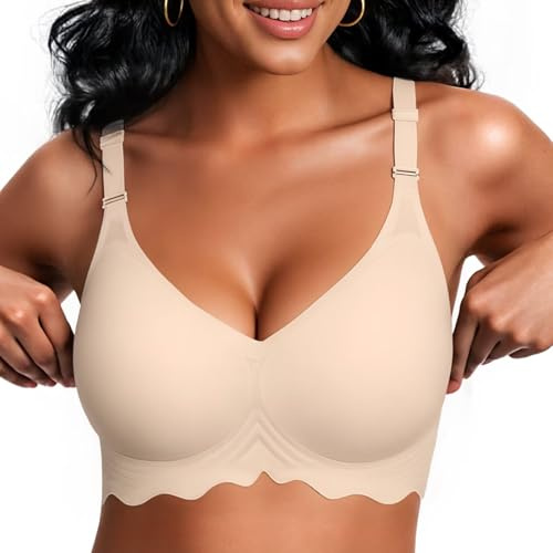 Vertvie Women Wireless Jelly Bras Push Up Seamless Bra Supportive No Underwire Soft Halter/U/Racerback Sport T-Shirt Bralette(Nude,Large)