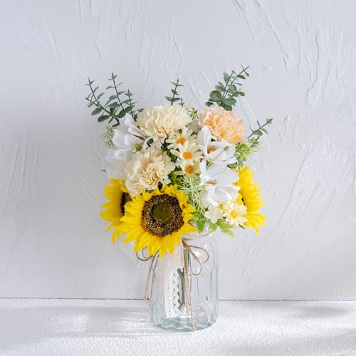 Yorkmills Fake Flowers Artificial Sunflowers with Vase, Faux Silk Carnation,Daisy Flowers for Home Office Decorations, Kitchen Dining Table Decor, Farmhouse Centerpiece Table Decoration