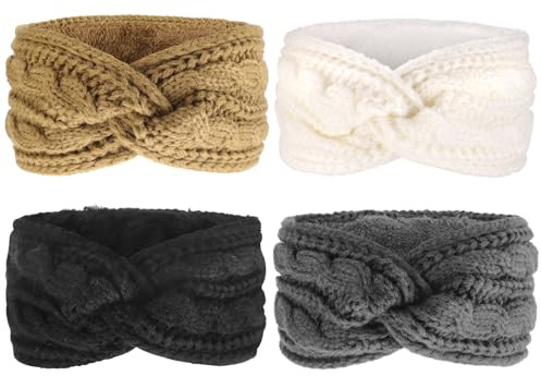 DRESHOW Women Warm Knitted Headband Winter Ear Warmer Crochet Head Wraps Thick Fleece Lining Hair Bands