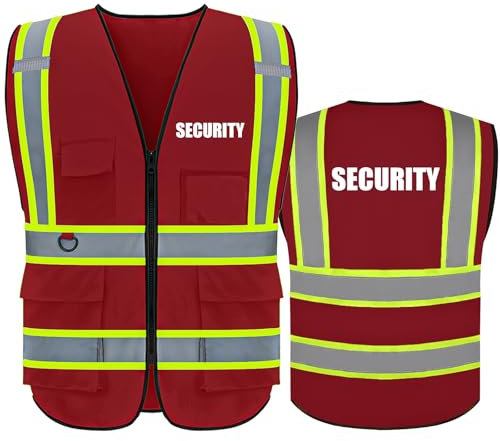 BeautyWill Personalisierte Sicherheitsweste Warnweste mit Text oder Logo und 5 Mehreren Taschen Hohe Reflektivität Warnschutz Arbeitsweste Sicherheitsweste （Rot-XL）