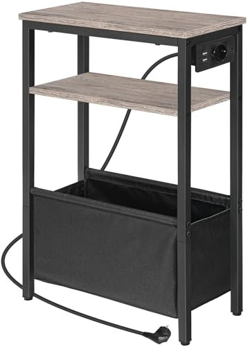 HOOBRO Table d’Appoint étroite, Table de Chevet avec Station de Charge et Rangement, Bout de Canapé avec Prise et Ports USB, pour Petit Espace, Chambre, Salon, Gris Patiné et Noir EBG125CBZ01