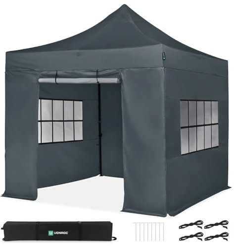Pavillon Easy-Up 3 x 3 m – Gartenzelt mit Stahlrahmen, wasserdichte Plane, UV-Schutz 50+, Transporttasche mit Rädern – modular und erweiterbar (3x3m Seitenwände, Grau)