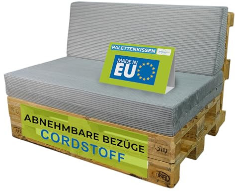 Pillows24 - Palettenkissen 2-teiliges Set aus Cordstoff | Sitzkissen & Rückenkissen für Europaletten 120x80 | Weiche Palettenauflage für Wohnzimmer, Garten oder Balkon | Made in EU | Hellgrau