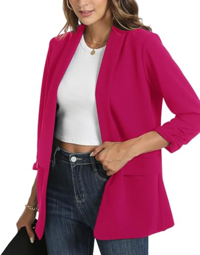 YOUNIFIZ Blazers pour Femmes Décontractés Froncés à Manches 3/4 Vestes Ouverture Devant Business Travail Bureau Vestes Blazer avec Poches, rose vif, XXL