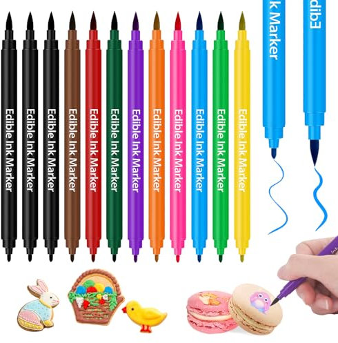 Muyohix 12 Pcs Stylo Colorant Alimentaire, Stylo Marqueurs Comestibles, Edible Pigment Pen Marqueur Double Face, Feutre Alimentaire Stylo Décoration Oeufs de Pâques, Fondant, Biscuit, Gâteaux, Dessert