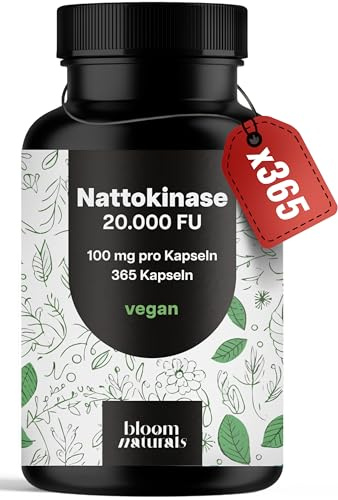 Nattokinase hochdosiert – 365 Kapseln – 20.000 FU pro Tag | Fermentierter Sojabohnenextrakt – vegan, produziert in Deutschland, laborgeprüft