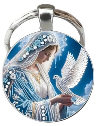 Schlüsselanhänger, Taschenschmuck, Cabochon, Heilige Jungfrau Maria und Friedenstaube.