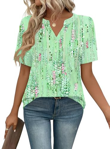 IECCP Women Tops Summer Casual Short Sleeve T-Shirts Dressy Tunic V Neck Buttons Fashion Floaty Floral Blouses Shirts Floral Green XL (UK 18-20)