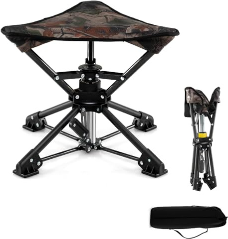 KOMFOTTEU Taburete Plegable de Camping Trípode con Carga 150 kg (Camuflaje) | Silla Portátil de Caza con Bolsa de Transporte, Asiento de Pesca con Base Antideslizante, para Picnic, 43 x 39 x 37 cm