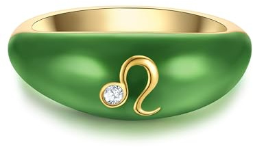GLANZSTÜCKE MÜNCHEN Damen Ring 925/- Sterling Silber gelbgold | gelbvergoldet 14 Karat, Motivring, Zirkonia, weiß, Sternzeichen Löwe, Emaille grün