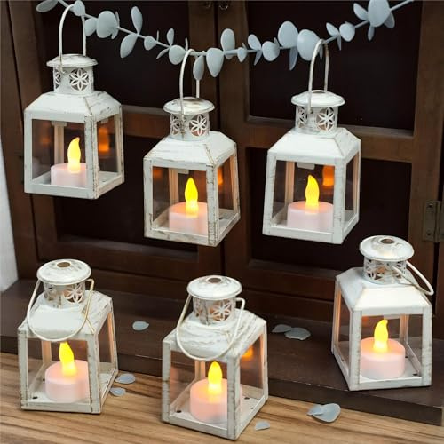 TRIROCKS 6 Stück kleine Metall-Kerzenlaternen im Vintage-Stil zum Aufhängen Teelichthalter Dekorative Kerzenhalter für den Tisch Valentinstag Terrasse Innenbereich Außenbereich Geschenke (Weiß)