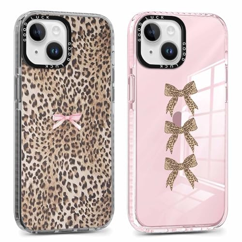 Foonary 2 Pack Cute Leopard Bow Print Phone Case for iPhone 15 6.1, Fashion Design Soft Slim Clear Case Shockproof TPU Bumper Protective Cover for Women Girls