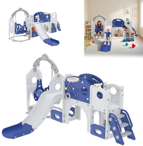 LZQ Kinder Rutsche, Großes Kunststoffrutschenset mit Langer Rutsche, Schaukel und Basketballkorb, Kinderrutsche mit Tunnel, Stauraum und Leiter, Indoor Rutsche für Kleinkinder 1-6 Jahre(Typ A)