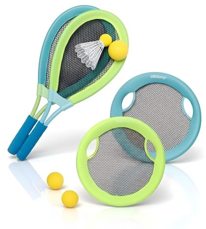 alldoro 68714 Beachball-Set 4in1, XL-Federball, XL-Soft-Tennis, Beachball & Wurfscheibe, wetterfestes Outdoor-Spielpaket ab 5 Jahren