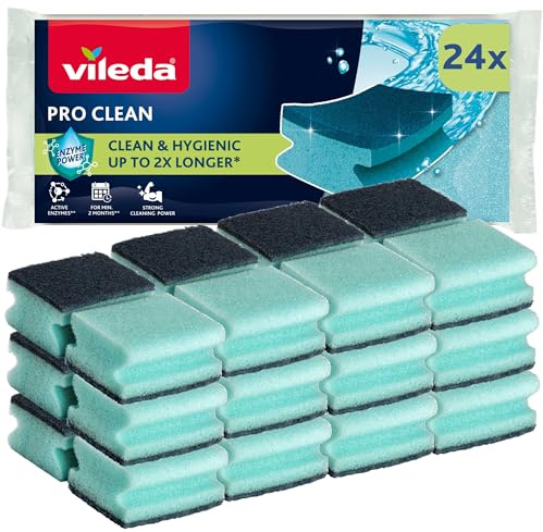 Vileda Pro Clean Scheuerschwamm mit natürlichen Enzymen, 24er-Pack | Natürliche Enzyme | Hohe Saugkraft | Ergonomisches Design | Polyurethan | Spülschwamm | 24er Großpack