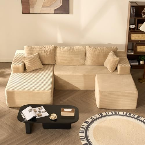 Litbird U-förmiges modulares Ecksofa 272 cm mit Schlaffunktion, rahmenloses Oversize Schlafsofa mit Chaiselongue Links, extra Tiefe Sitzfläche, montagefrei – für Wohnzimmer & Schlafzimmer,Hellbraun