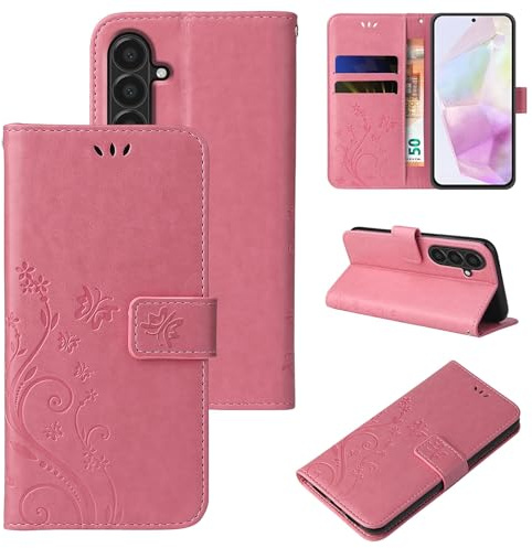 LBH Handyhülle für Samsung Galaxy S26 mit 9H Displayglas Klapphülle RFID Schutz Kartenfächer Geldfach Design Cover Case Traumfänger Flipcase Magenta Rot