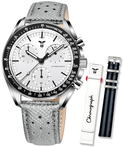 TYBERLEY Herren Multifunktions Chronograph Uhr Panda Zifferblatt Japanisches Quarzwerk Edelstahlgehäuse 100M Wasserdicht Lederband Herren Quarzuhr