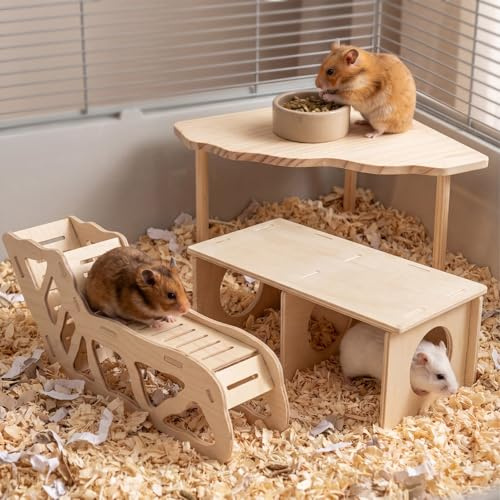 3Pcs Wooden Hamster Platform, Tool-Free Assembly Wooden Hideout, Climbing Tunnel & Activity Platform, Hamster Cage Enrichment Accessories for Gerbils Mice Degus Guinea Pig Other Small Pets