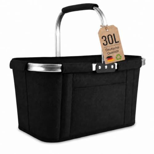 grosani Einkaufskorb Faltbar 30L mit Henkel,Stabil Edelstahlrahmen,Schwarz | Tragekorb 47,5×27×24cm, 25 kg Belastbar, 300D Oxford-Gewebe, Shopping Basket für Einkauf Auto Picknick Camping Kofferraum