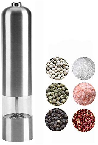 Macinapepe Elettrico, Macinasale in Acciaio Inossidabile, Macinatore automatico per Spezie, Grinders Elettrico Inox Spazzolato Regolabile Rugosità con LED(Batterie non incluse)
