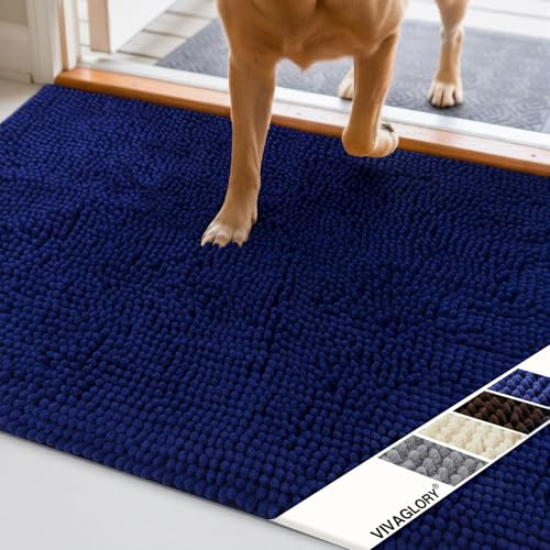 VIVAGLORY Schmutzfangmatte Hund Absorpmax Cleany Mat Hund, Hundeteppich Schmutzmatte Fußmatte, Waschbar Wasserdicht Rutschfest Schlammige Saugfähige Chenille Fußmatte, 90cm × 64cm, Marineblau
