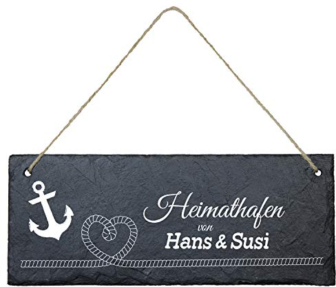 Geschenke 24 Schiefertafel zum Aufhängen Heimathafen (Herztau, schwarz/weiß) - Personalisierte Schieferplatte mit Namen und Spruch - Eingangstür Haustür - Deko Maritim, Wanddeko