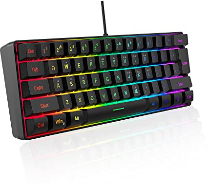 DGG K60 Clavier de jeu 61 touches RVB rétroéclairé 60 % filaire silencieux, ergonomique, étanche, mini clavier compact 60 % sensation mécanique, pour PC, Mac, PS4, Xbox Gamer, dactylographie, voyage
