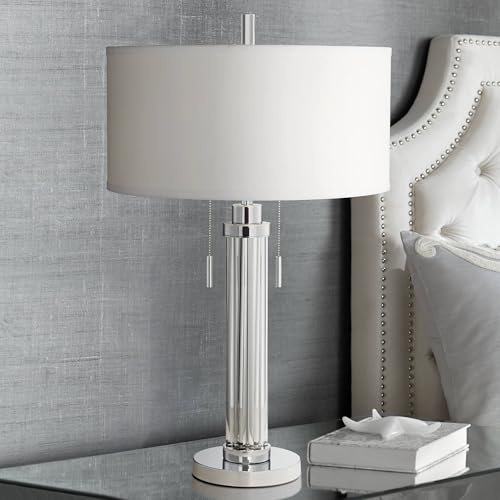 Possini Euro Design Cadence Modern 3-Way Table Lamp 30 Tall with Tabletop Dimmer Linear Clear Glass Rod White Linen Drum Shade for Bedroom Living Room House Bedside Nightstand Office Entryway