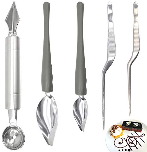 5 Stück Dekorierlöffel Set Edelstahl Dekolöffel DIY Werkzeuge Schokoladenlöffel Präzision Löffel Deko-Löffel Pinzetten Obstschnitzwerkzeuge Sauce Dessertsauce Kuchen Dekorieren Löffel Tools