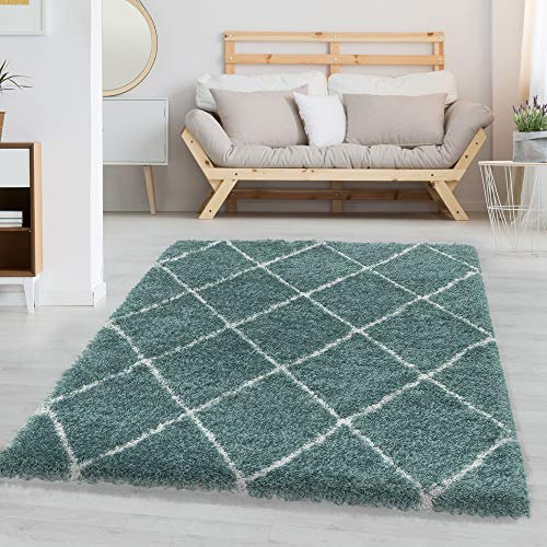 Carpettex Hochflor Teppich Wohnzimmer Skandinavische Rauten Design Teppich Blau 140 x 200 cm - Shaggy Teppich Schlafzimmer Flauschiger Teppich Weich - Langflor Teppich Esszimmer Küchenteppich