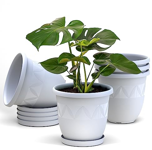 Plastard Blumentöpfe 5er Set 40 cm Durchmesser Weiß runder Pflanzkübel mit Untersetzer aus Kunststoff witterungsbeständiger Übertopf großer Blumentopf