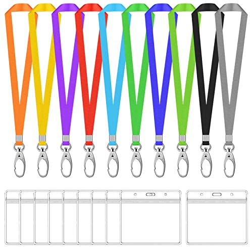 10 Sets Ausweishülle mit Schlüsselband, Wasserdicht Klar ID-Kartenhalter und Nylon Umhängeband mit Swivel Haken, Kartenhülle mit Lanyard Ausweishalter für Schule Ausstellung Büro (Bunt, Horizontal)