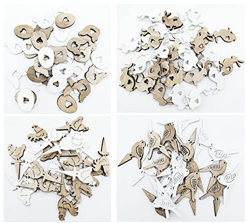 Super Idee 120 Stück Holzverzierungen Holzscheiben Deko Streuteile Eier Hasen Vögelchen Henne Hahn Streudeko Tischdeko Konfetti zum Basteln DIY Frühling Osterdeko Kommunion Konfirmation Tauf