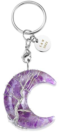 Jovivi Portachiavi Luna in Chakra Pietra Naturale, Portachiavi di Albero della Vita con Filo Avvolto per Reiki Meditazione, Porta Chiavi Portafortuna in Cristallo da Donna-Ametista Personalizzato