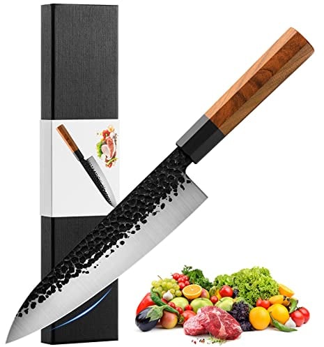RASSE Japanese Chef Knife Gyuto - 8 Inch Professional Hand Forged Kitchen Knife High Carbon AUS-8 Stainless Steel with Rosewood Handle & Gift Box