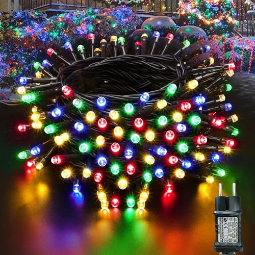 Moxled Lichterkette Weihnachtsbaum - 10M 100 LED Bunt Lichterkette Außen Strom mit Timer Speicherfunktion, Grünes Kabel, Wasserdicht 8 Modi Weihnachtsbeleuchtung für Garten Weihnachten Deko