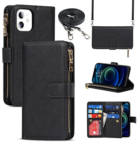 CAVOR HandyHülle kompatibel mit iPhone 12 Mini Hülle Mit Band,Flip Leder Geldbörse Hülle Mit Handykette,[9 Kartenfach][Magnetisch],Klapphülle Handytasche kompatibel mit iPhone 12 Mini - Schwarz