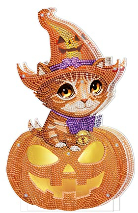 EXQUILEG 5D DIY Diamond Painting, Halloween deko Ornamente Set mit LED Licht Diamant Malerei Bilder, Kürbis/Schwarze Katze/Hexe, Strass Kristall Dekoration Handwerk (3)
