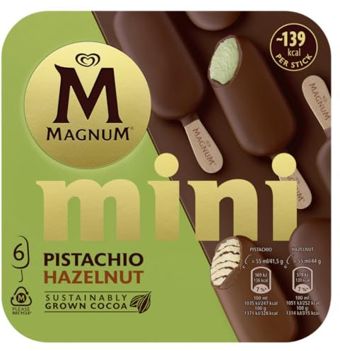 Magnum Gelato Mini, Gelato al Pistacchio Ricoperto di Cioccolato al Latte, e Gelato con Vaniglia Variegato con Salsa alla Nocciola e al Cioccolato Ricoperto di Cioccolato al Latte, 6 pz x 55 ml