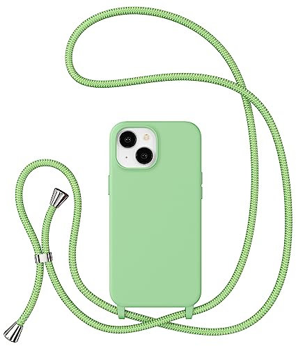 ZTOFERA Crossbody Lanyard Case for iPhone 13 (6.1), Liquid Silicone Protective Phone Case with Strap Adjustable Neck Cord Necklace Soft Cover, Green