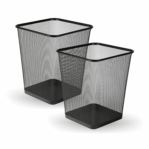 VIVAAS 10L Square Mesh Wastebasket Trash Can Lightweight And Sturdy Pack Of 2 Metal Waste Paper Bin Garbage Rubbish Bin for Bathrooms, Kitchens, Home Offices, Living Room, Dorm Rooms Black (2)